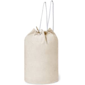 A drawstring bag in a natural beige colour with grey straps and a cinched top. It features a simple design.