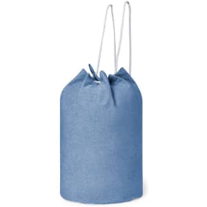 A blue drawstring bag with a rounded base and two adjustable straps at the top. It features a simple design.