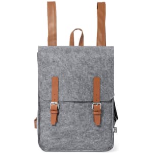 A grey felt backpack with brown leather straps and buckles, featuring a simple, modern design.