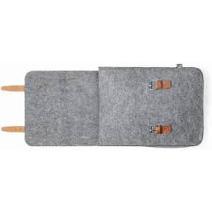 A grey felt laptop sleeve featuring two leather straps and silver buckles, offering a stylish protective cover.