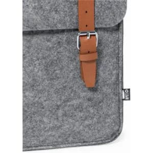 A grey felt bag featuring a brown leather strap and metal buckle, with a small logo tag.