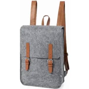A grey backpack with brown leather straps and buckles, featuring two front pockets. It has a clean, minimalist design.