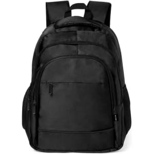 A black backpack with multiple zippered compartments and adjustable straps. Features a simple design and a branding logo.