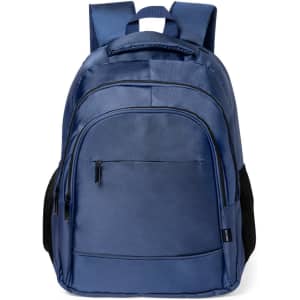 A navy blue backpack with multiple compartments and padded shoulder straps. It features a logo on the front.