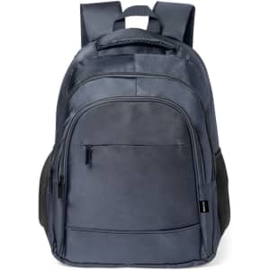 A navy blue backpack featuring multiple compartments and padded shoulder straps, with a logo on the front.