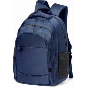 A navy blue backpack with multiple compartments and mesh side pockets. It has adjustable straps and a sleek design.