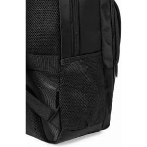 A black backpack featuring a mesh side pocket. The fabric has a textured finish and a zippered compartment.