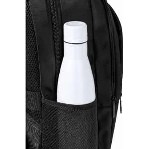 A white drink bottle is nestled in a black backpack's side pocket. The backpack features a sleek design.