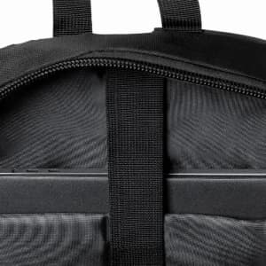 A black backpack interior featuring a zippered compartment and straps for securing items. It includes a logo.