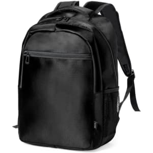 A backpack in black with multiple compartments and adjustable straps. It features a mesh side pocket.