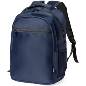 A navy blue backpack featuring multiple compartments and a mesh side pocket. It has padded shoulder straps for comfort.
