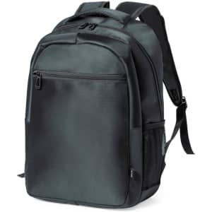 A black backpack with multiple compartments, adjustable straps, and a side mesh pocket. It features a logo on the front.