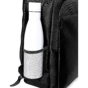 A drink bottle in a black backpack pocket, featuring a sleek white design and a mesh holder.