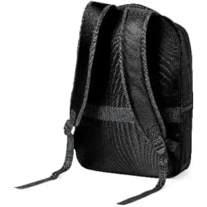 A black backpack with adjustable straps and a textured surface, featuring a simple design and no visible branding.
