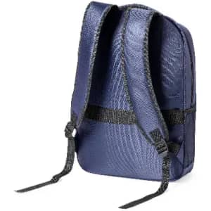 A drink bottle with a sleek design and dark blue colour, featuring adjustable straps and a logo.