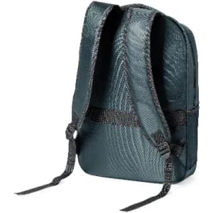 A dark teal backpack with textured material and adjustable straps. It features a sleek design and a logo on the front.