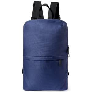 A navy blue backpack with adjustable black straps and a front zip pocket. It features a sleek, minimalist design.