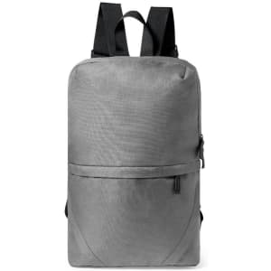 A grey backpack with adjustable black straps and a front zip pocket, featuring a simple design.