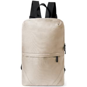 A light beige backpack with black straps and a front zippered pocket, featuring a simple design.