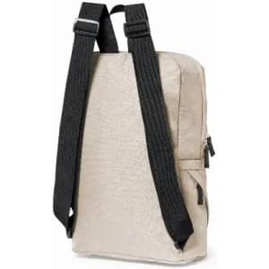A backpack in a light beige colour with black straps and a side pocket, featuring a simple design.
