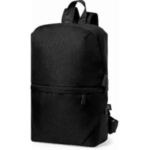 A black backpack with a streamlined design, featuring adjustable straps and a front pocket. It has a branding logo.