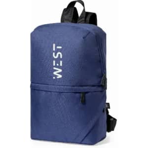 A backpack in navy blue with adjustable straps and a logo on the front. It features a zippered compartment.