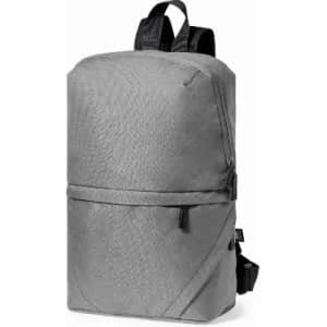 A grey backpack featuring a sleek design and adjustable straps, with a logo on the front.