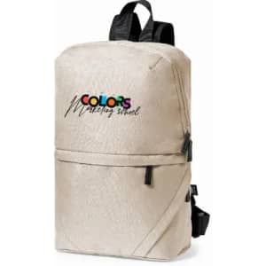 A beige backpack with multiple compartments and a logo featuring the text "Colors Marketing School".