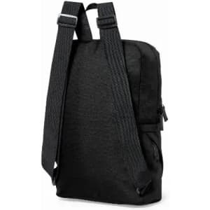 A black backpack featuring padded straps and multiple compartments, with a sleek, minimalist design.