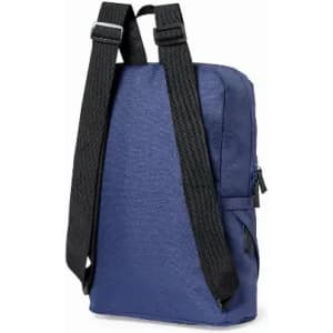 A blue backpack with adjustable black straps and multiple zippered compartments. It features a sleek design.