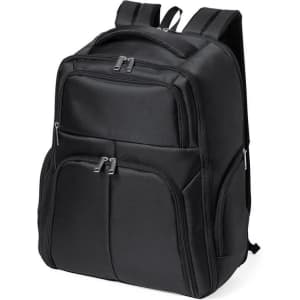 A black backpack featuring multiple compartments and zippers, designed for convenience and storage.
