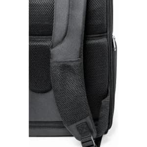 A black backpack features a padded shoulder strap with a mesh overlay for comfort. It includes a zippered compartment.