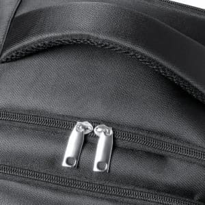 A black zippered bag features silver metal zippers and a textured fabric. The design is sleek and modern.