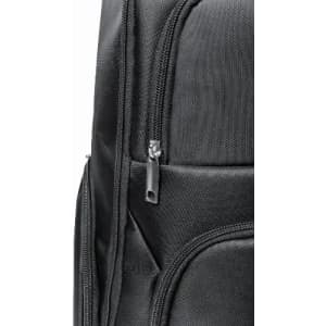 A black backpack featuring a zipper detail, showcasing its durable fabric and stitching. It includes a logo on the exterior.