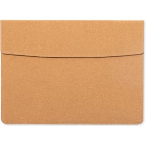 A document folder in a tan colour with a flap closure and a smooth finish. It has a branding logo.