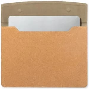 A folder featuring a cork texture and a beige interior, holding a white document. It includes a logo on the front.