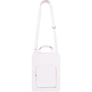 A white crossbody bag with an adjustable strap and a front zip pocket. It includes a small handle on top.