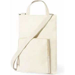 A cream-coloured bag with a shoulder strap and front pocket, featuring a top handle and a branded logo.
