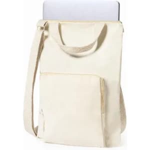 A cream-coloured bag with a shoulder strap and a front pocket, designed to hold a laptop. Features a logo.