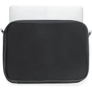 A black laptop sleeve with a zip, accommodating a white laptop inside.