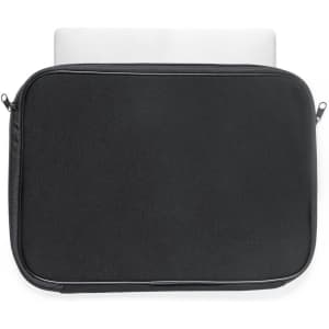 A black laptop sleeve with zippers, featuring a white laptop partially visible inside.