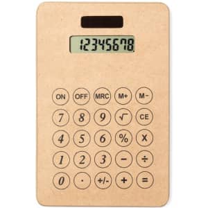 A calculator with a cardboard design featuring a digital display and numbered buttons in black.