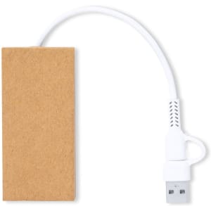 A power bank with a kraft paper exterior and a white USB cable is displayed. It has a simple, minimalist design.