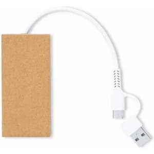 A portable power bank with a rectangular cardboard exterior and a white USB cable attached.