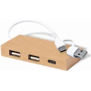 A wooden USB hub with two USB-A ports and one USB-C port, featuring a connected white USB cable.