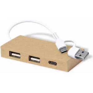 A compact USB hub in a beige design with two USB ports and one USB-C port, accompanied by a white cable.