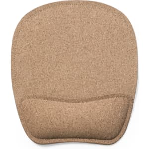 A mouse pad featuring a textured, natural cork surface in a light brown tone with a cushioned wrist support.