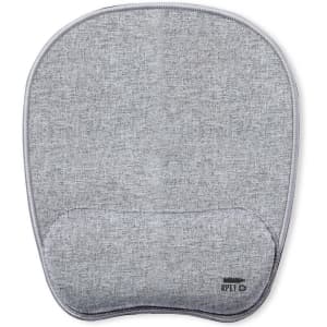 A grey padded seat cushion with a smooth texture and rounded shape, featuring a small logo.