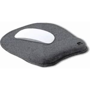 A grey laptop cushion with a white wrist support area, designed for comfort and ergonomics.