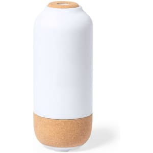 A drink bottle in white with a cork base, featuring a sleek, modern design and a logo on its surface.